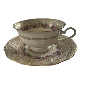 Vintage Rosenthal Bavaria Ivory Germany Floral Footed Tea Cup Saucer Gold Accent
